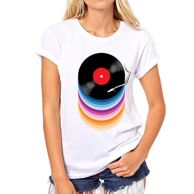 DJ Collection-TEEHEART Women Summer Novelty Rainbow Colors Vinyl Records Design T shirt women fashion Tops Hipster Tee PX726 - World Salsa Championships