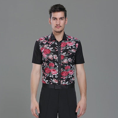 Male Latino Dancing Shirts 3 Colors Flower Print Short Sleeves Shirt Chacha Salsa Professional Men Ballroom Dance Clothes 7040 - World Salsa Championships