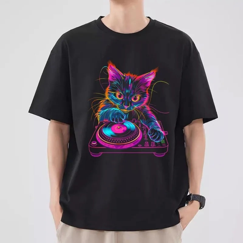 Funny Cat DJ T Shirt Men Couple Combination Clothes Short Sleeve Collar Fashion T-shirt Women Cotton - World Salsa Championships