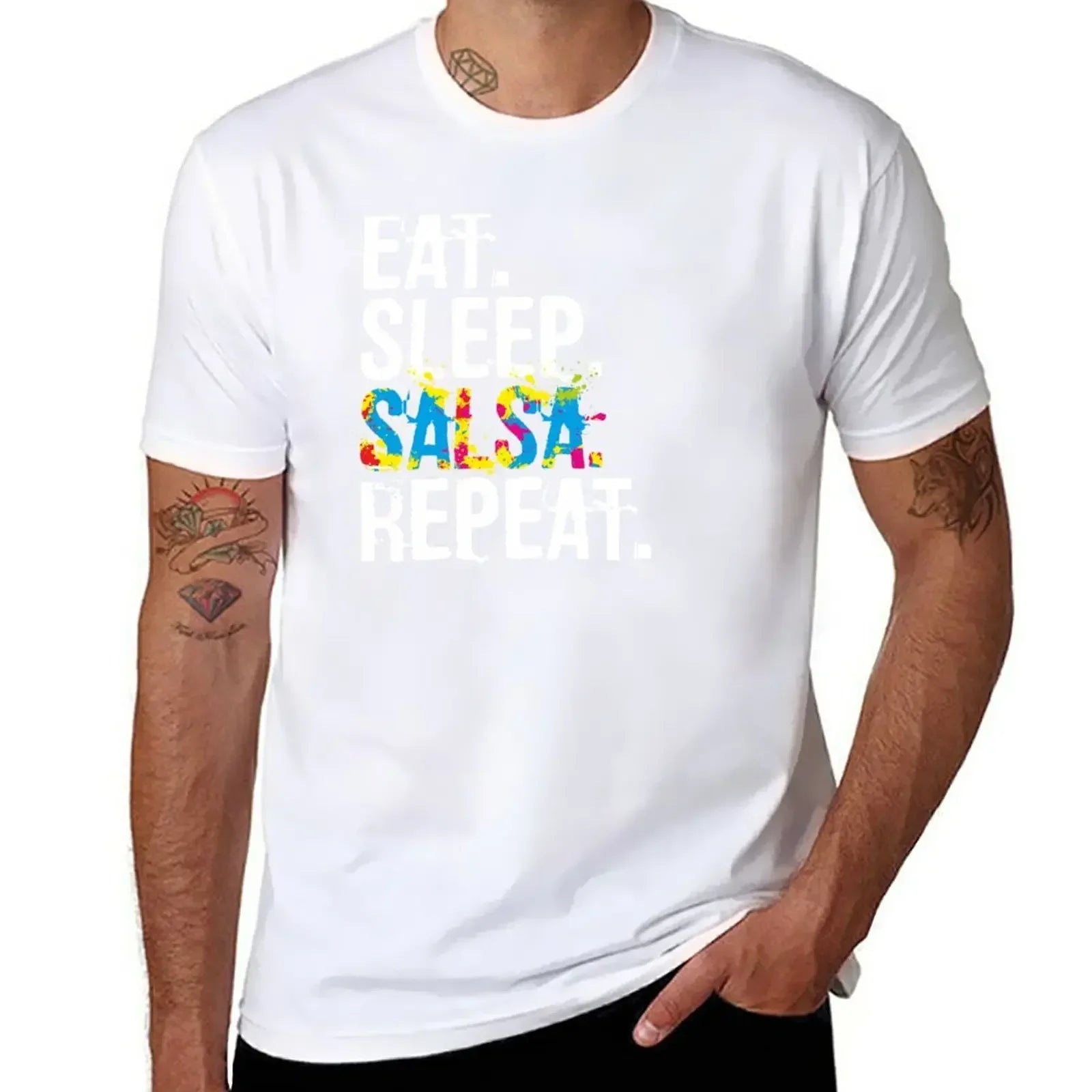 T-Shirt anime clothes plus sizes  for men pack Eat Sleep Salsa Repeat Colorful Dancer mens designer clothes new in tops & tees - World Salsa Championships