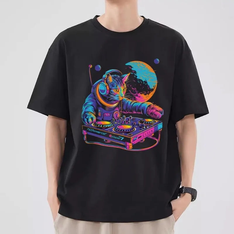 Funny Cat DJ T Shirt Men Couple Combination Clothes Short Sleeve Collar Fashion T-shirt Women Cotton - World Salsa Championships