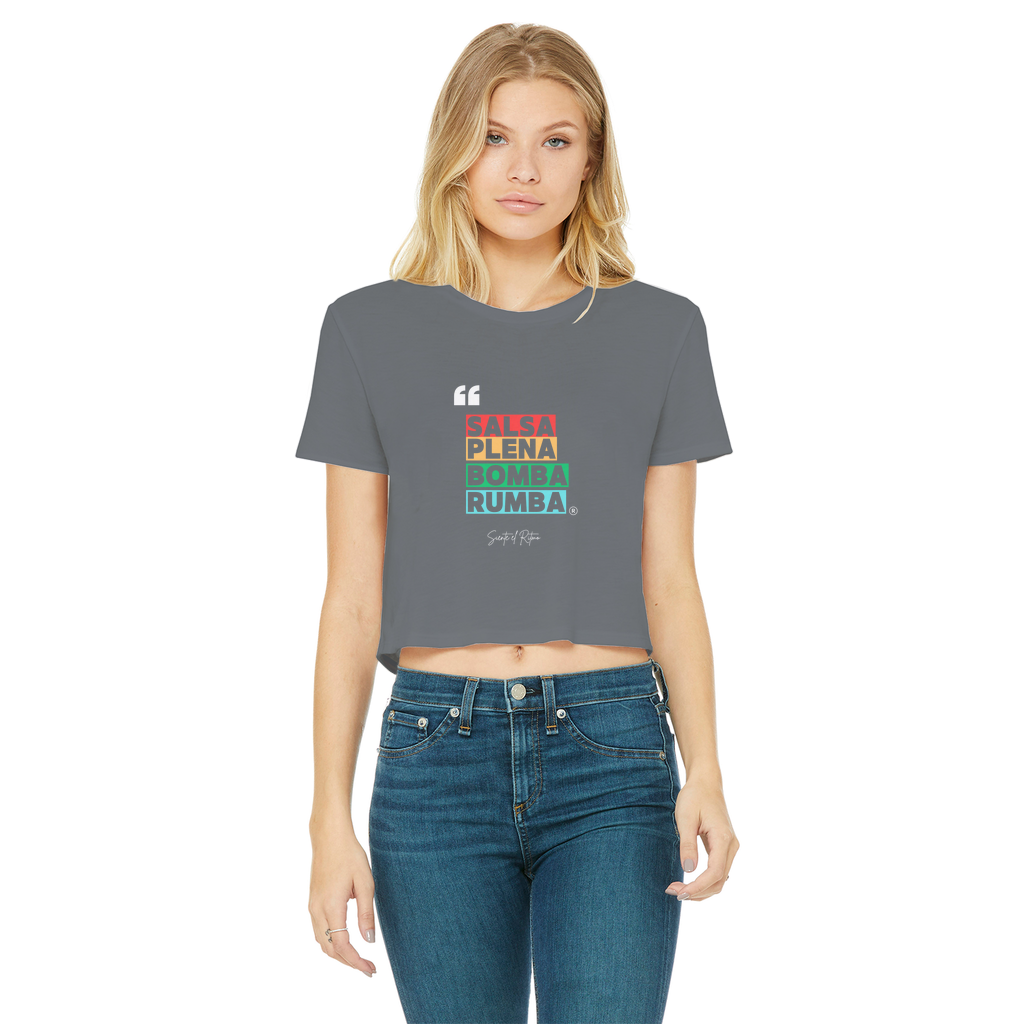 Salsa Bomba Plena Rumba Classic Women's Cropped Raw Edge T-Shirt