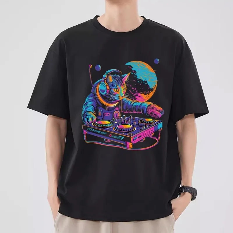 Funny Cat DJ T Shirt Men Couple Combination Clothes Short Sleeve Collar Fashion T-shirt Women Cotton - World Salsa Championships