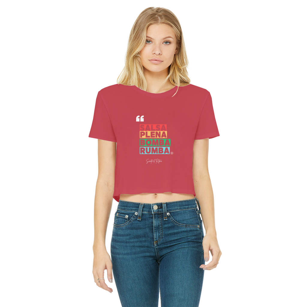 Salsa Bomba Plena Rumba Classic Women's Cropped Raw Edge T-Shirt
