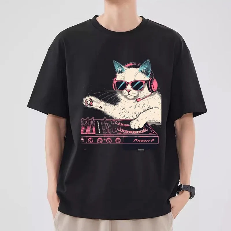 Funny Cat DJ T Shirt Men Couple Combination Clothes Short Sleeve Collar Fashion T-shirt Women Cotton - World Salsa Championships