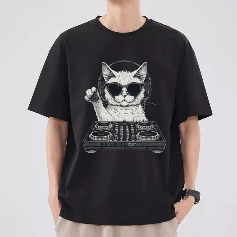 Funny Cat DJ T Shirt Men Couple Combination Clothes Short Sleeve Collar Fashion T-shirt Women Cotton - World Salsa Championships