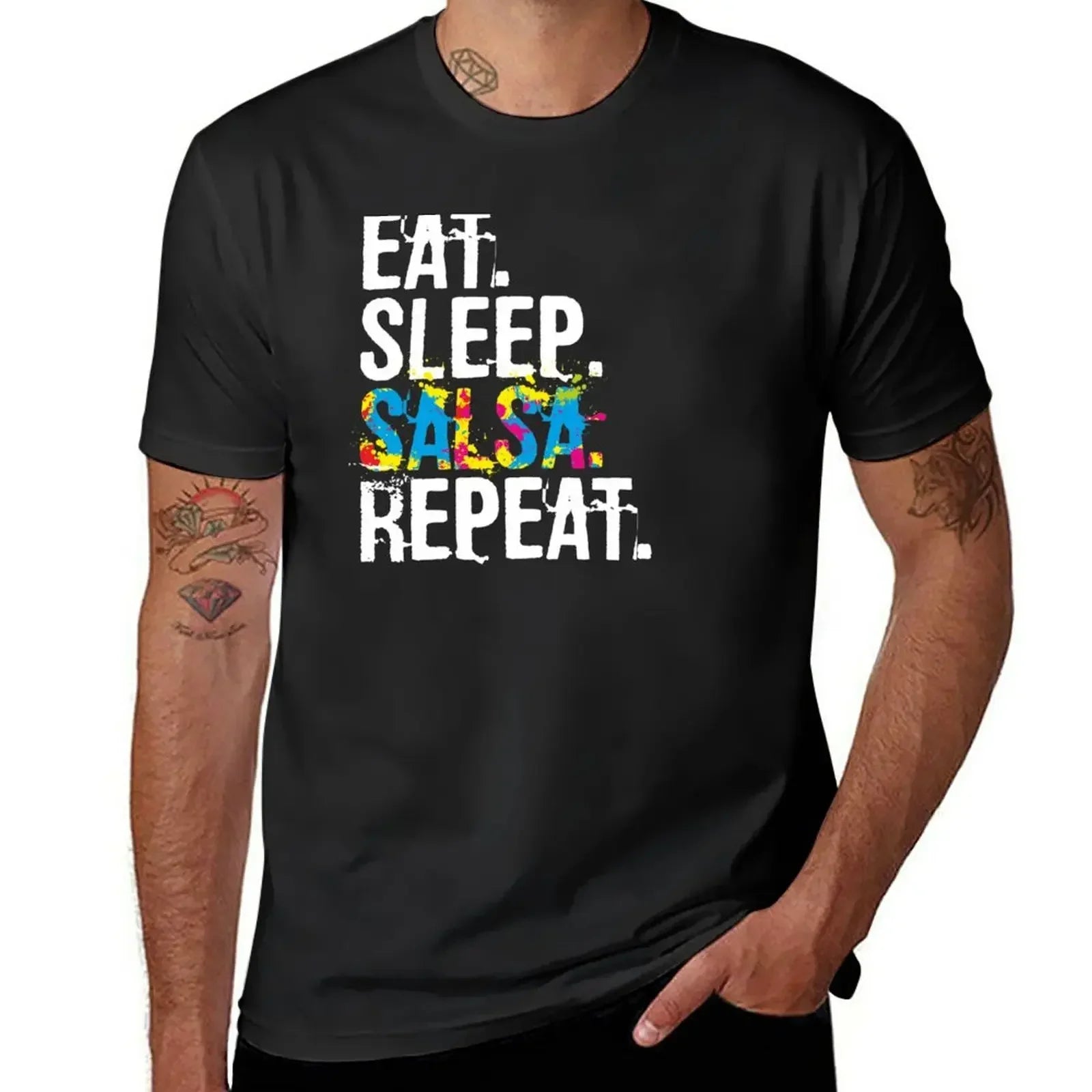 T-Shirt anime clothes plus sizes  for men pack Eat Sleep Salsa Repeat Colorful Dancer mens designer clothes new in tops & tees - World Salsa Championships