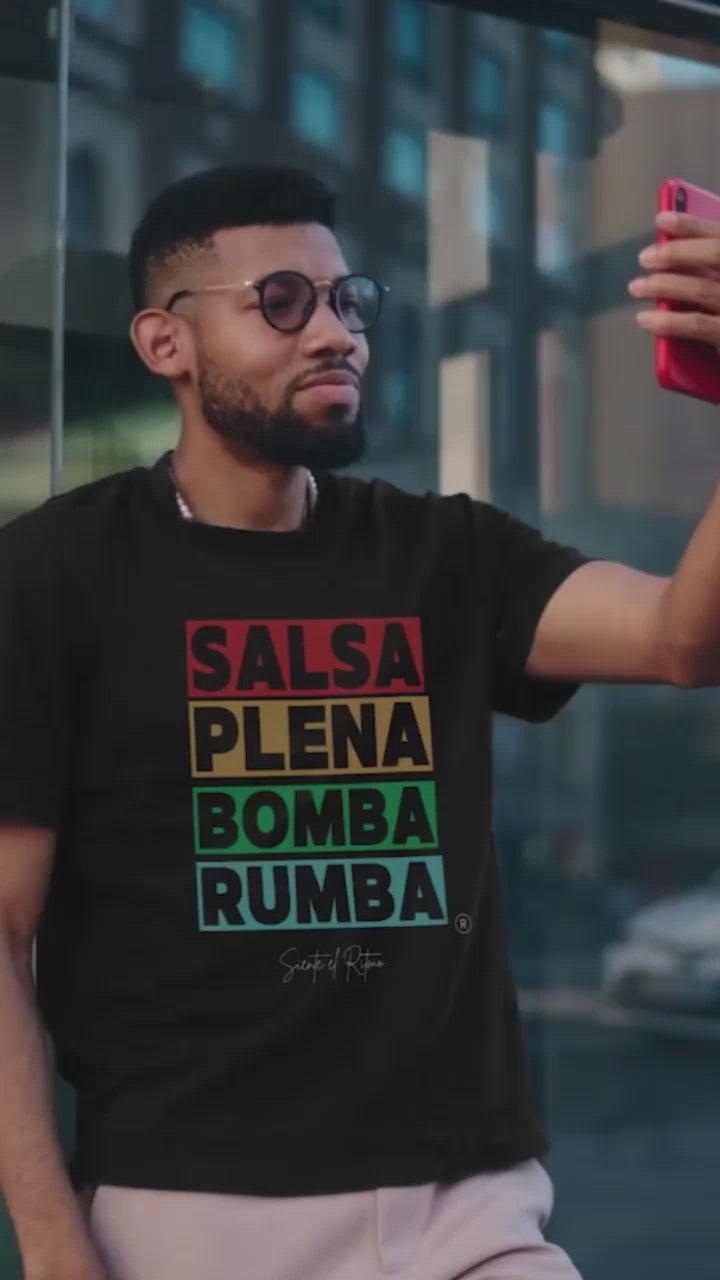 Salsa Bomba Plena Rumba Organic Adult T-Shirt. Fabric is 100% Organic cotton.