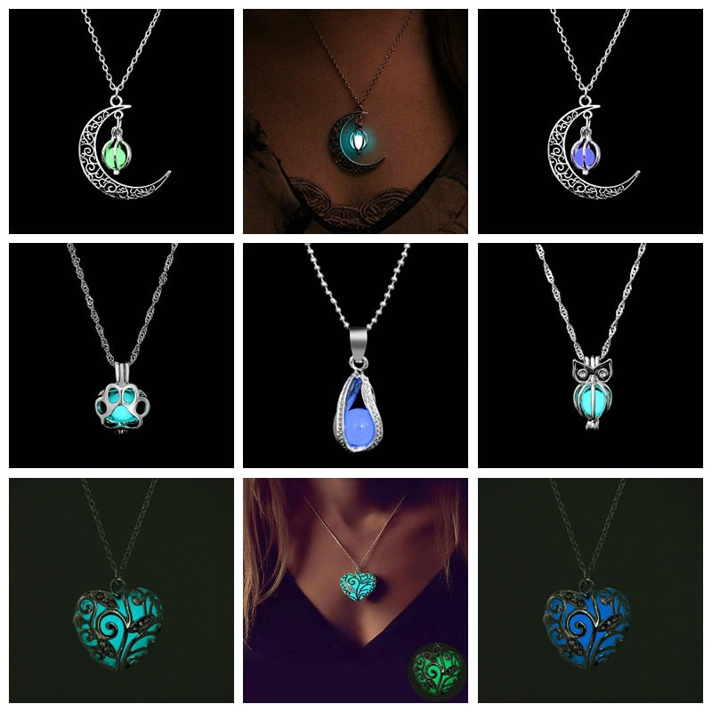 Glow In The Dark Necklace Moon Square Heart . Necklaces For Woman Hollow Water Drop Pendant Night Fluorescence Light