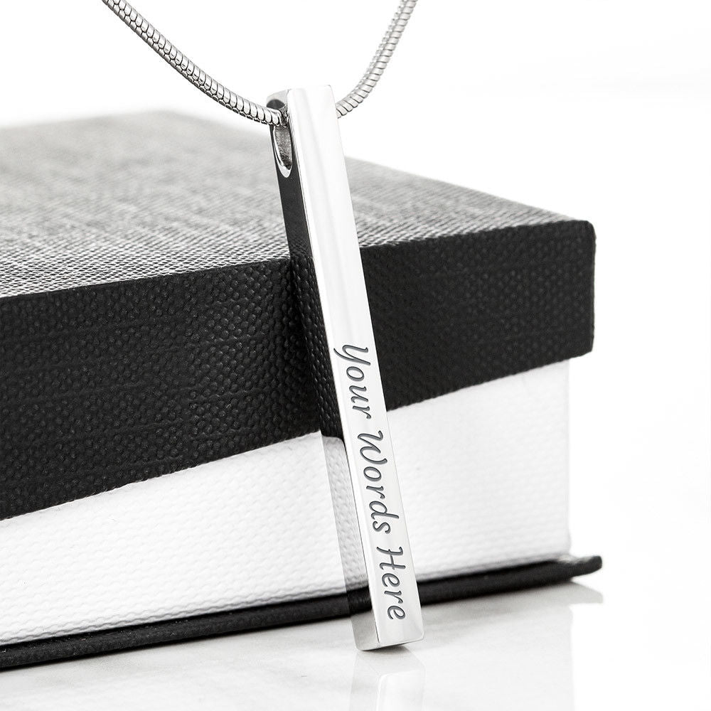 Vertical stick necklace is custom engraved to your liking - World Salsa Championships