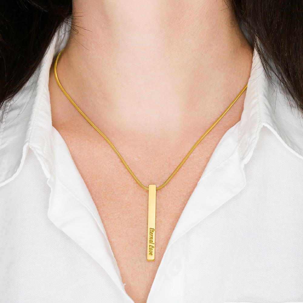 Vertical stick necklace is custom engraved to your liking - World Salsa Championships