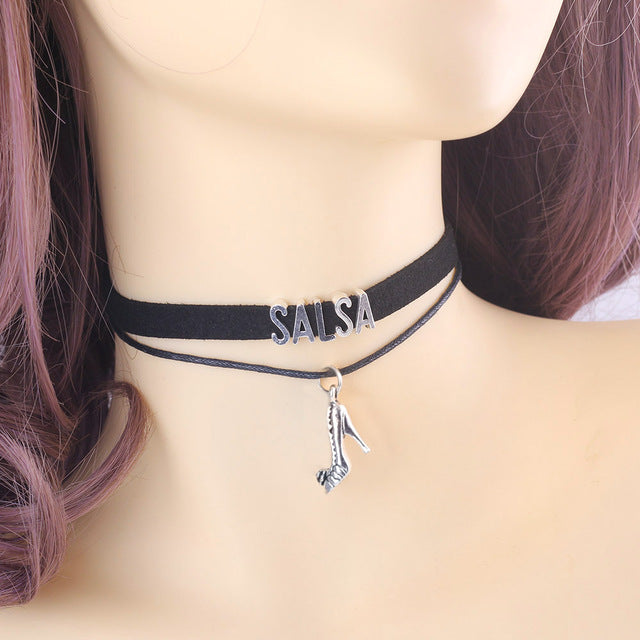 Gothic Dance KIZOMBA BACHATA SALSA ZOUK dancer Choker Necklace shoes Charm Pendant Velvet handmade Collar Jewelry for women - World Salsa Championships