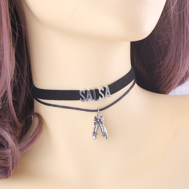 Gothic Dance KIZOMBA BACHATA SALSA ZOUK dancer Choker Necklace shoes Charm Pendant Velvet handmade Collar Jewelry for women - World Salsa Championships